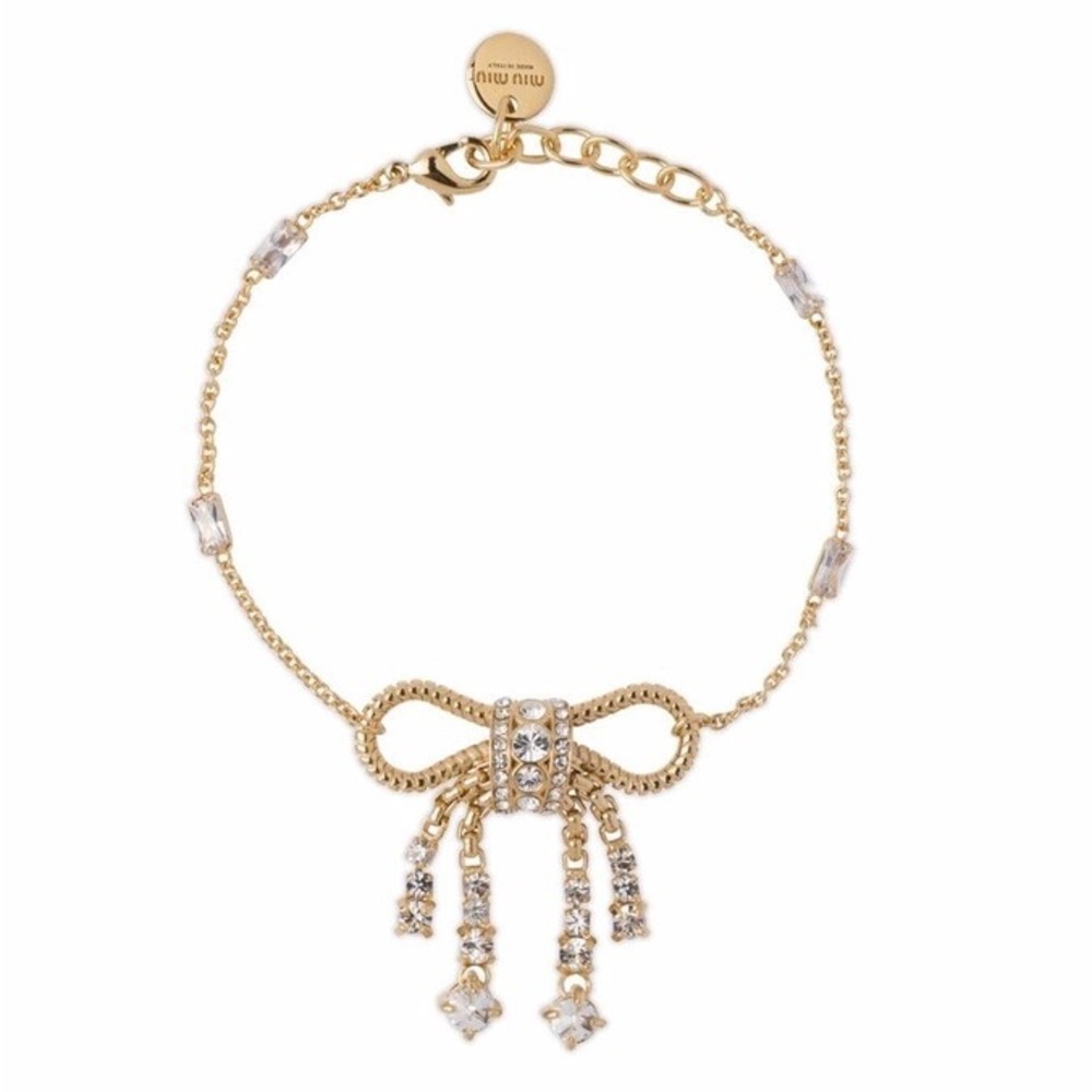Miu Miu Bow-effect Crystal Bracelet In Gold
